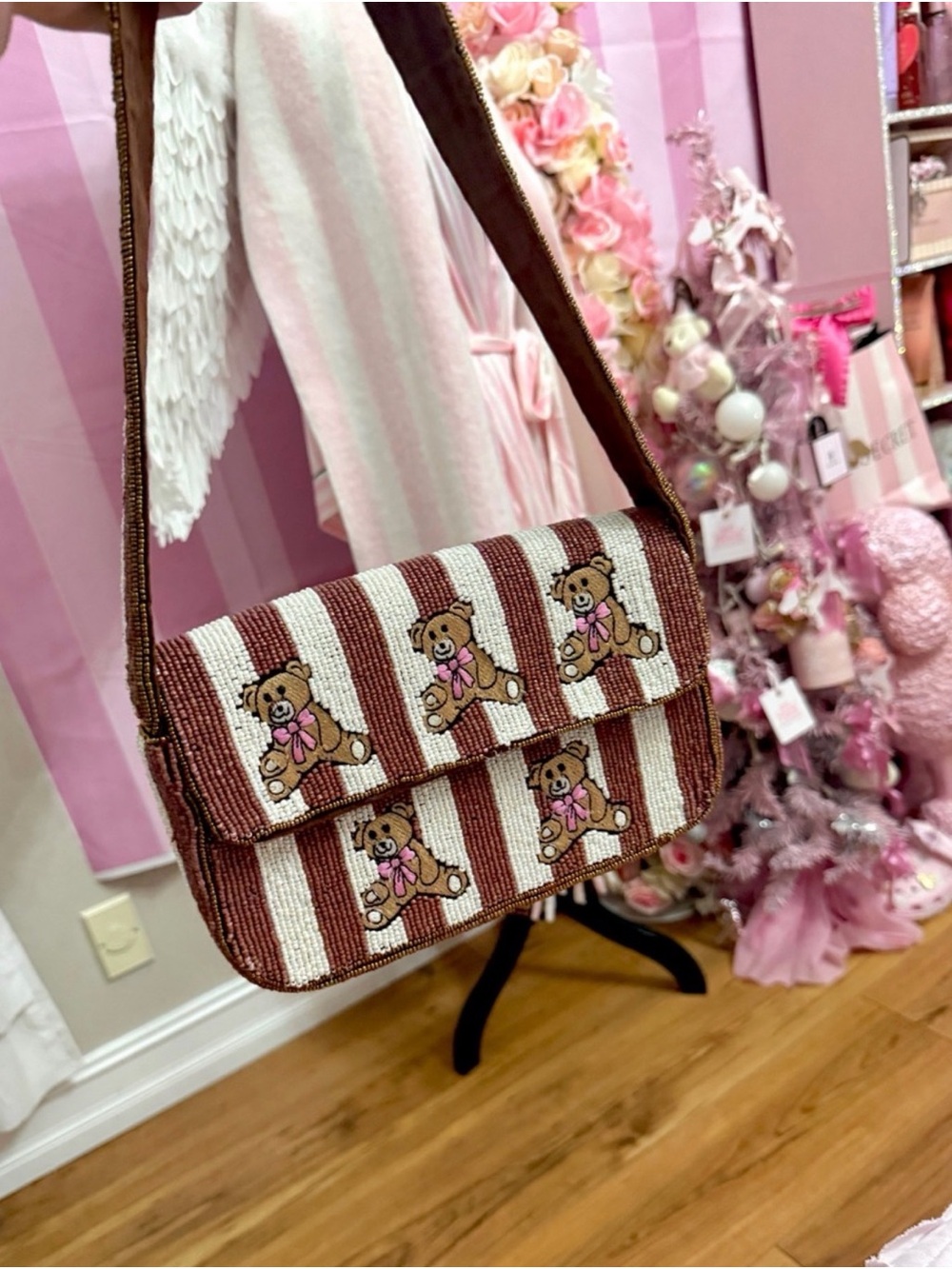 Striped Teddy Bag - Brown & White